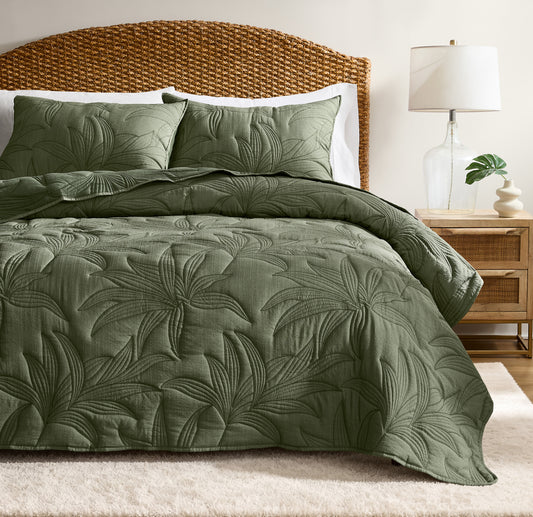 WDCOZY Leaf Embroidered Quilt Set Farmhouse Decor