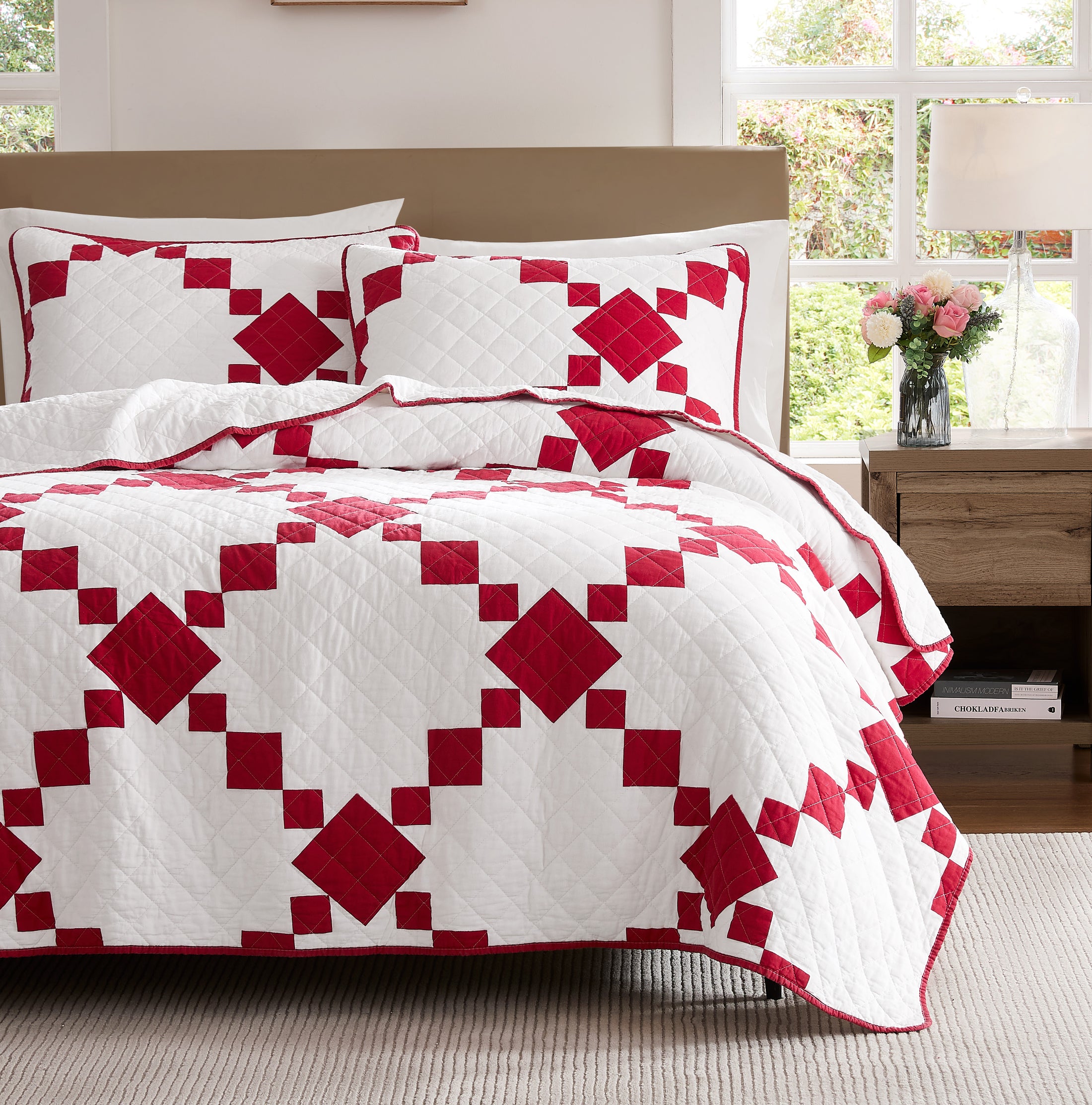 100% Cotton Vintage Farmhouse Block Print Quilt (Red/Blue)