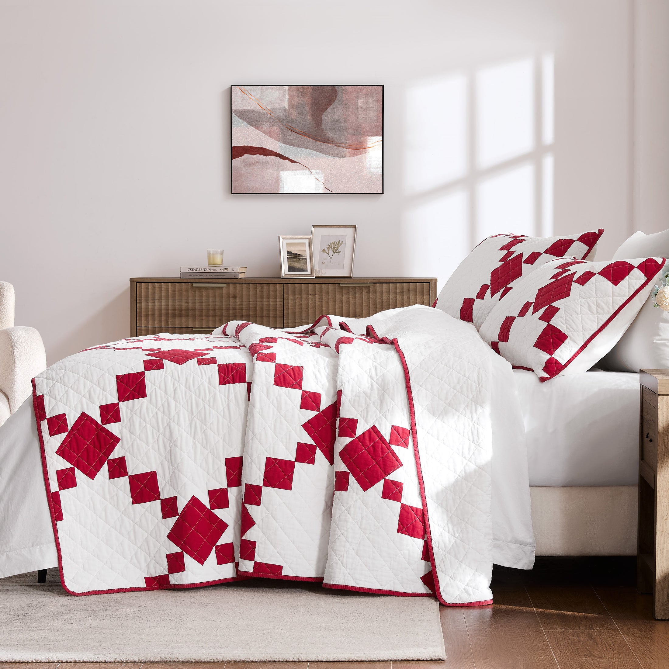 100% Cotton Vintage Farmhouse Block Print Quilt (Red/Blue)