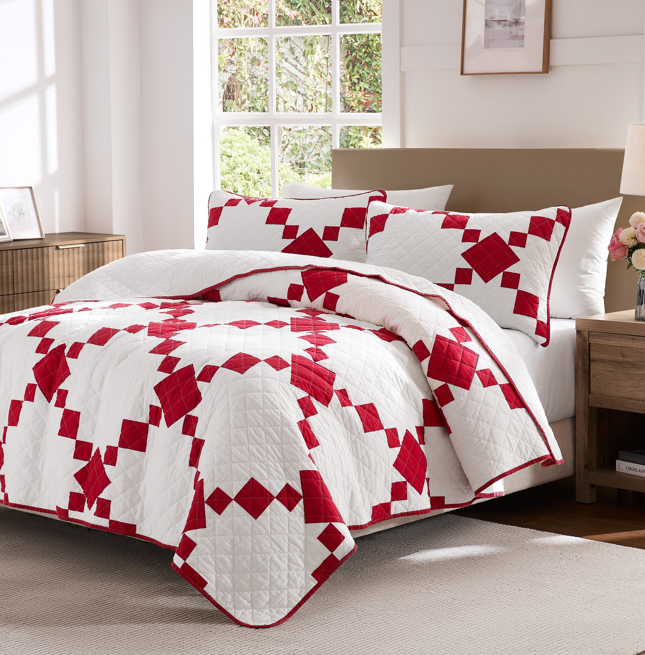 100% Cotton Vintage Farmhouse Block Print Quilt (Red/Blue)