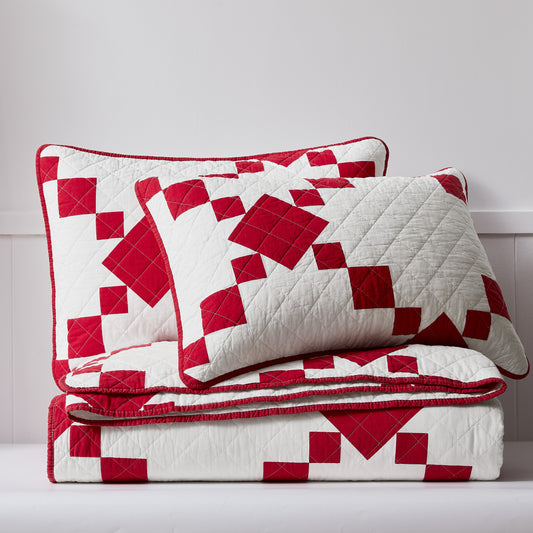 100% Cotton Vintage Farmhouse Block Print Quilt (Red/Blue)